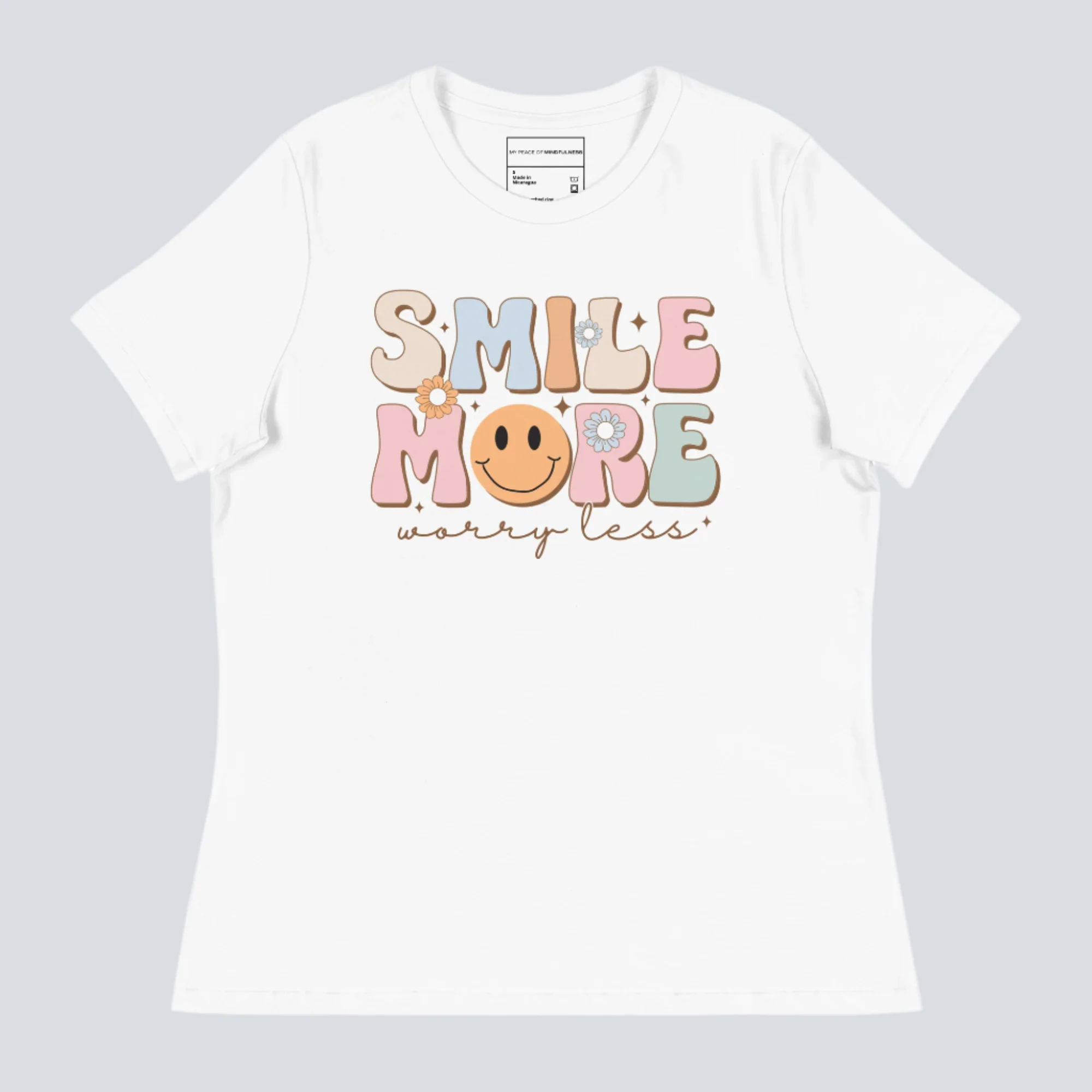 Smile_More_Worry_Less_Womens_T-Shirt_white Womens Shirts - Image 1